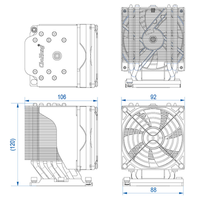 Square CPU cooler heat pipe active side blowing